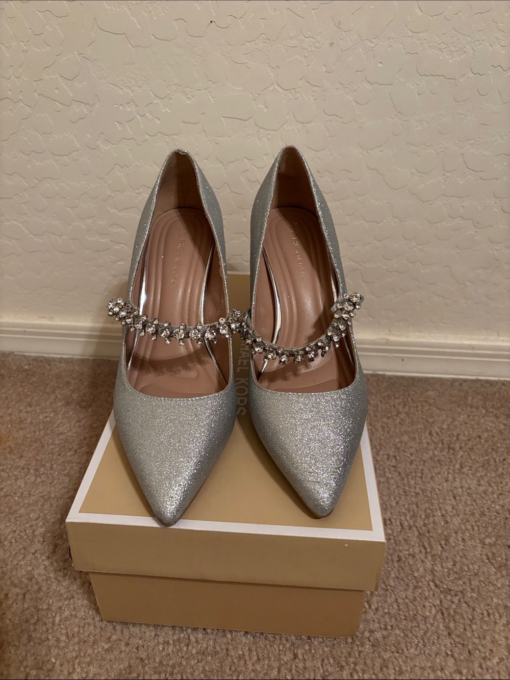 BCBGeneration Silver Glitter Pointed-Toe Heels with Crystal Strap